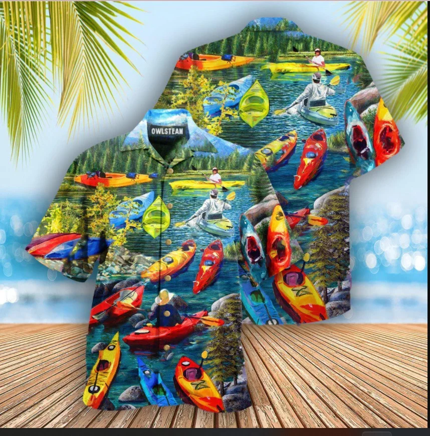 

Hawaiian Shirts for Men boating Painting Print Beach Short Sleeve Summer Casual Button Up Tops 3D Shirts