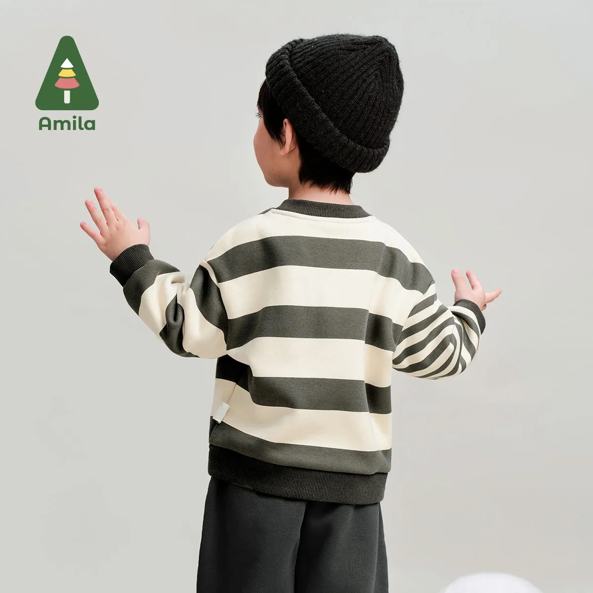 Amila Baby Sweatshirt 2024 Winter New High Quality Boys And Girls Striped Plus Velvet Warm Skin-Friendly Loose Children’s Tops