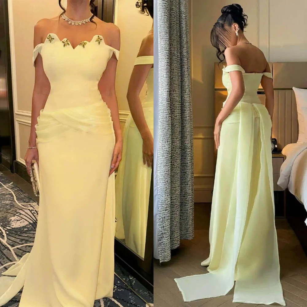 Alta calidad personalizada hasta el suelo amarillo con cuentas fuera del hombro plisado Vestidos Para Bodas Mujer Invitada فسات przadusات naga