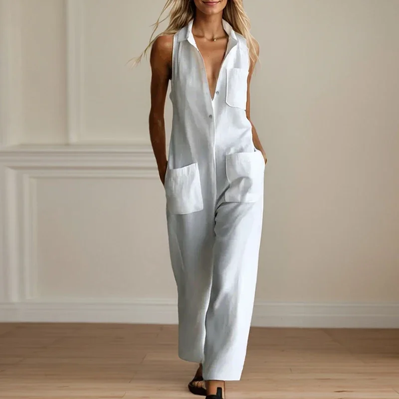 

Fashion Lapel Sleeveless Loose Jumpsuits Elegant Lady Solid Color Pocket Playsuits Overalls Chic Single Breasted Wide Leg Romper