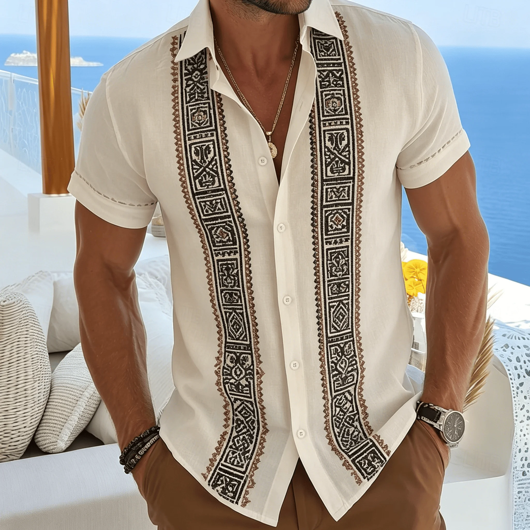

Men's Ethnic Geometric Print Shirt, White Boho Casual Short Sleeve for Summer