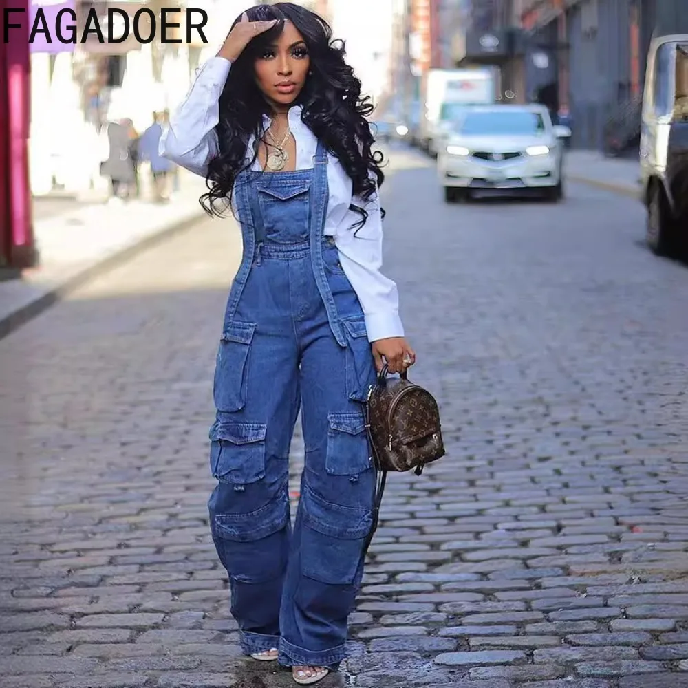 FAGADOER Fashion Strap Jeans Jumpsuits Women Strap Sleeveless Hollow Pocket Cargo Pants Playsuit Female Denim Overall Streetwear