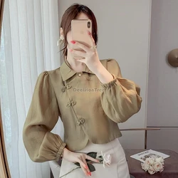 2026 vintage chiffon women blouse new chinese style fashionable chic well-fitting lady party top elegant dainty puff sleeve top