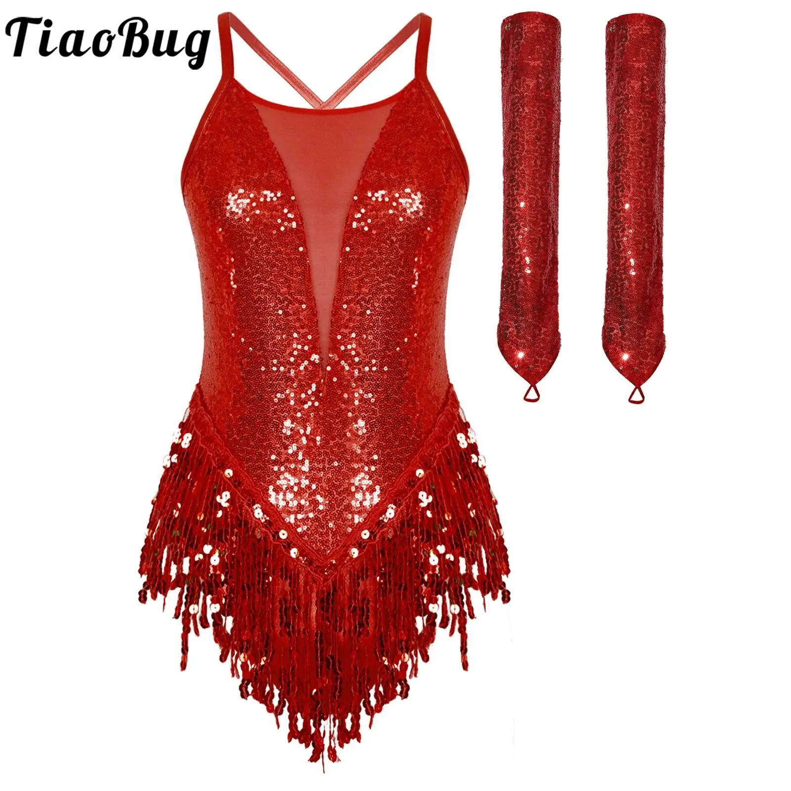 

Women Latin Cha-Cha Dance Performance Costume with Sequin Gloves Cross Back Sparkly Sequins Fringed Leotard Jazz Tango Dress
