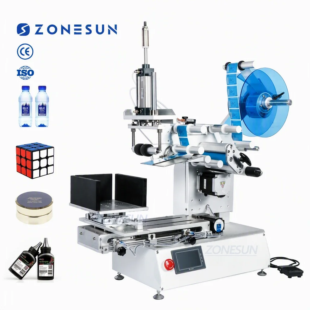 ZS-TB803 Semi Automatic Desktop Plastic Cans Rubik's Cube Shampoo Water Milk Juice Flat Bottle Labeling Machine