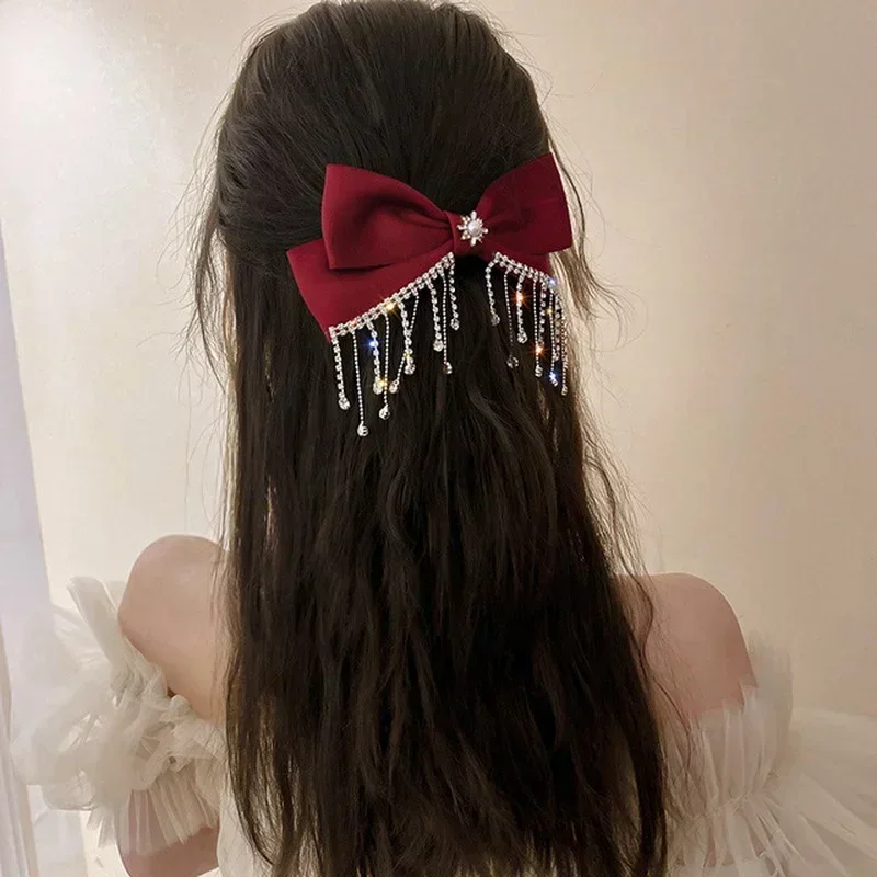 

Korean Style Women's Bow Rhinestone Tassel Satin Hair Clip Wedding Party Personalized Styling Accessories Creative Gifts Decor