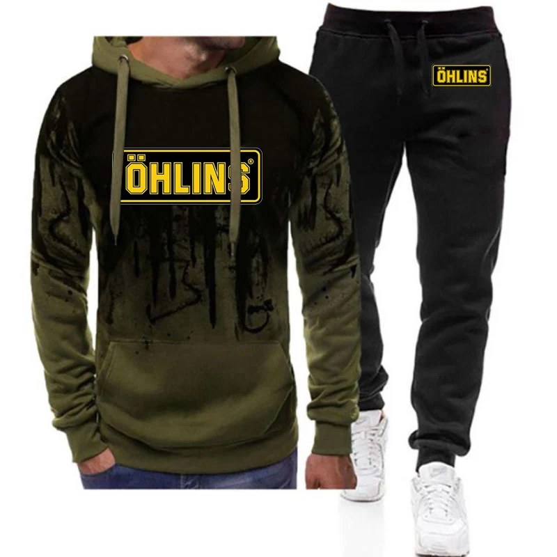 2025 Spring And Autumn Ohlins Logo Print Men's New Gradient Color Cotton Hooded Sweatshirt + Sweatpant Casual Suit