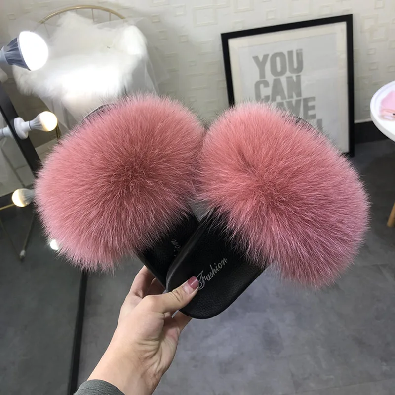 Real Fox Fur Slippers Women Summer Furry Fur Slides Female Beach Sandals Outdoor Fluffy Flip Flops Luxury Natural Fur Shoes