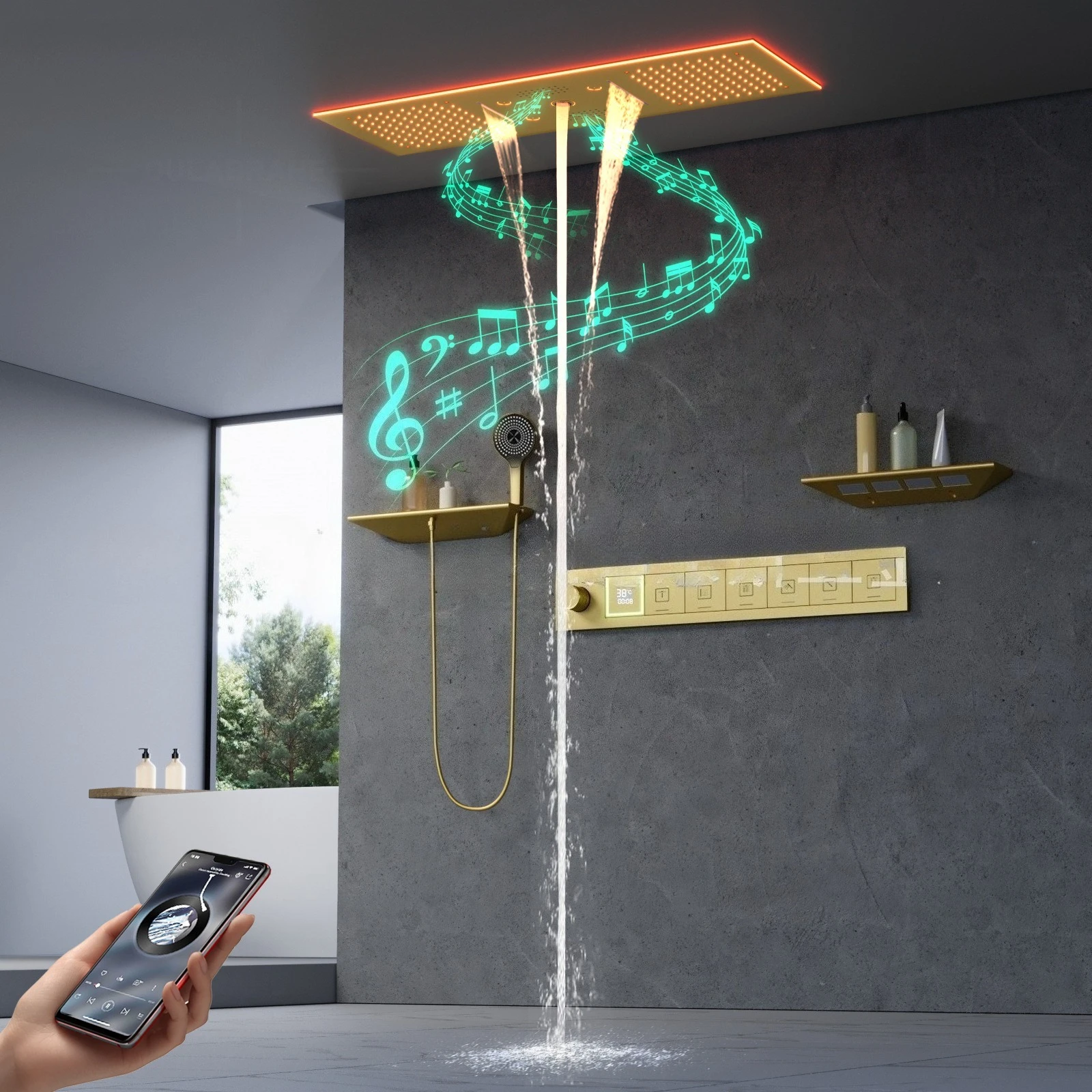 36x12 Inch Brushed Gold Music Shower Set LED Digital Display Thermostatic Shower Head