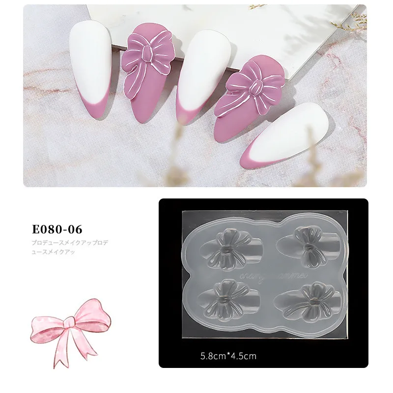 6pcs Nail Art Mold Heart Shaped Bow Light Therapy Glue Manicure Mold Design Decor Reusable Crystal Powder Filling Silicone Mold