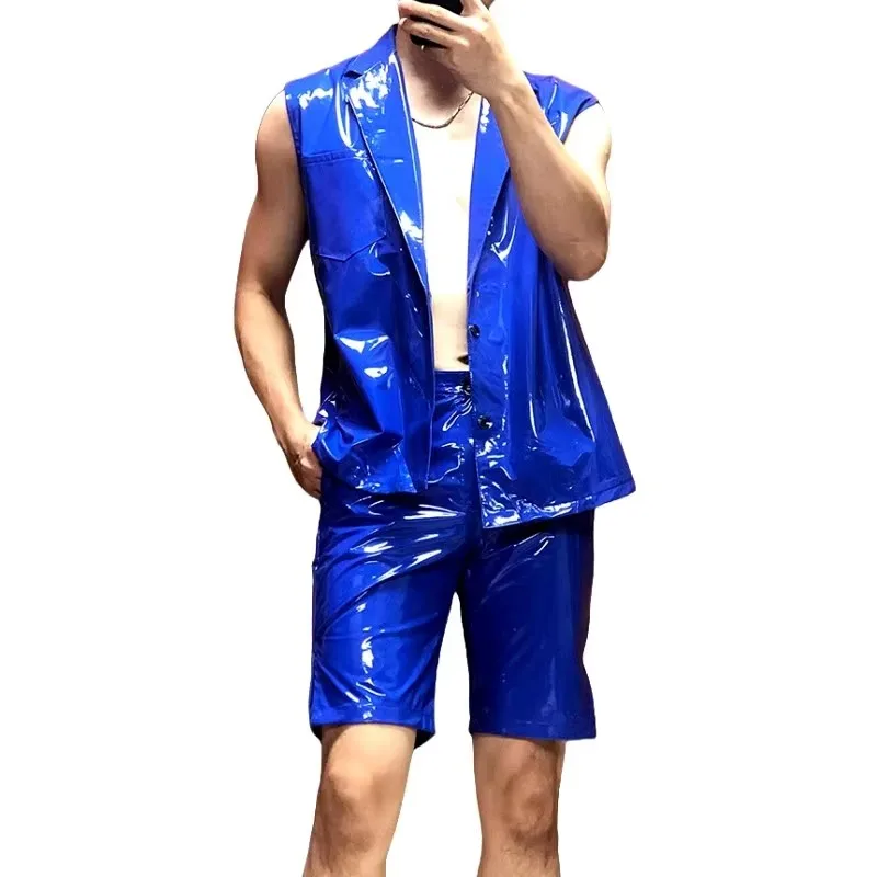 

Concert Performance Clothes Carnival Party Rave Outfits Fluorescent Green Leather Vest Shorts 2 Pieces Set Bar Night Male Singer