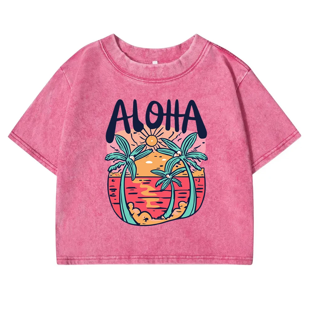 Beach Style Aloha Printing Women T Shirts Washed Fitness Retro Crop Top Summer Sweat Tees Shirt Sports O-Neck  Cotton Tee