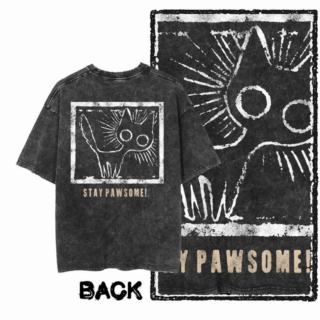 

Vintage Washed Minimalist Cat Graphic Stay Pawsome Slogan Men T Shirt Oversized Black T-Shirt Retro Distressed Streetwear