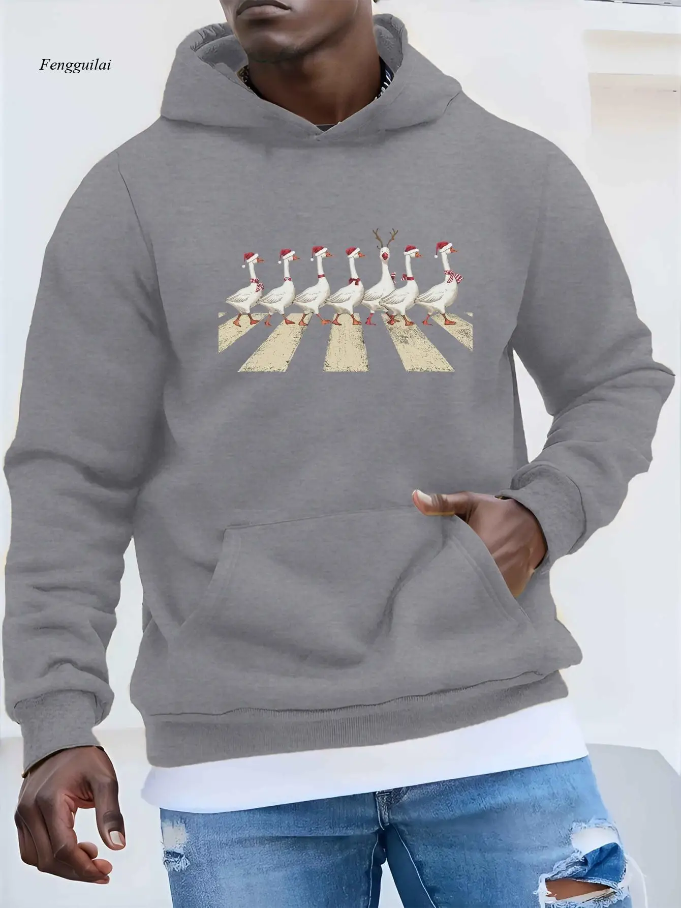 Casual Hoodie with Festive Geese and Santa Hats Print, Long Sleeve, Non-Stretch Fabric, Loose Fit