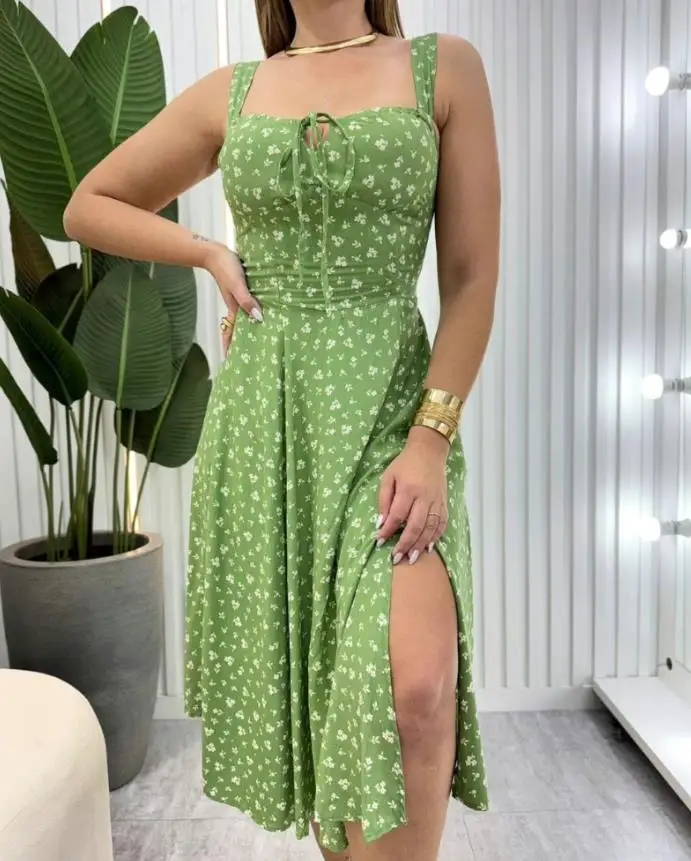 

Ditsy Floral Print Square Neck Shirred Lace-Up Back High Slit A-Line Dress