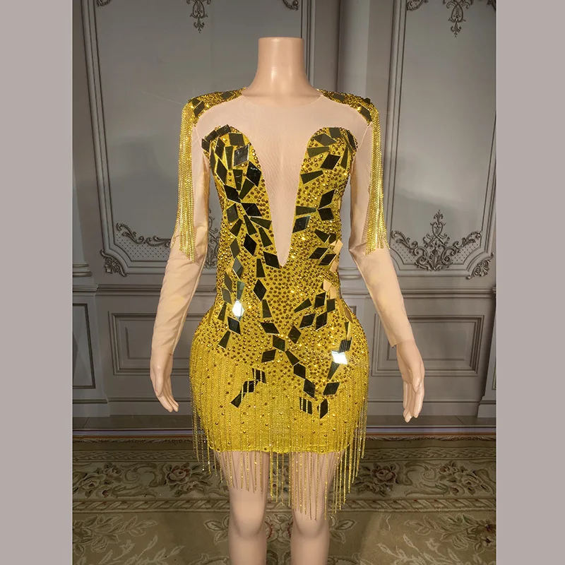 

Costume Birthday Gold Silver Sequins Crystal Tassel Ball Dress Elegant Sexy Vestidos De Noche Elegantes Wedding Guest Long Dress