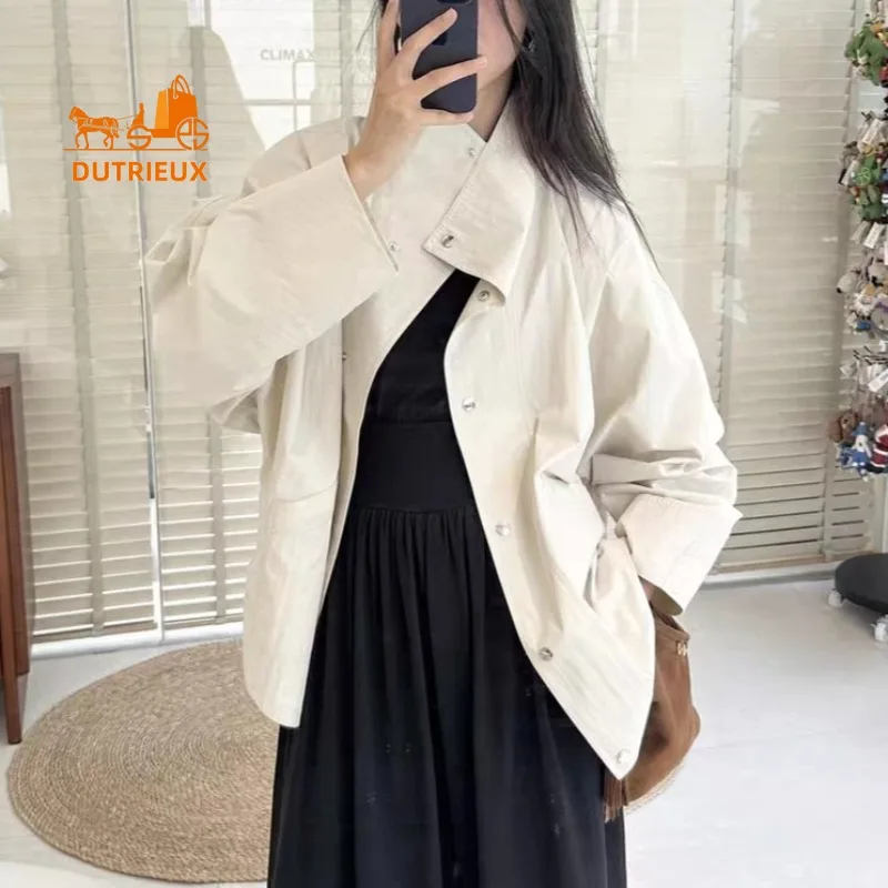 Autumn Women's High Collar Solid Color Single-breasted Jacket, 62% Cotton and 38% Nylon, Simple Fashionable and Versatile Coat