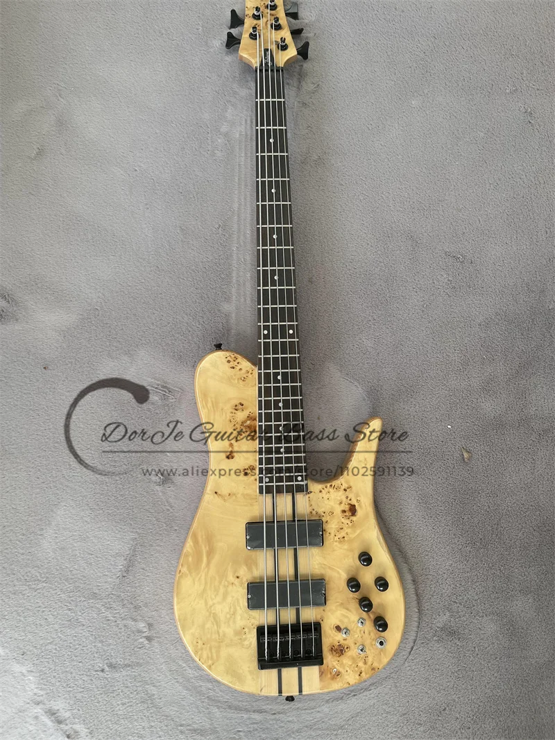 

Presale 5 Strings Bass Guitar Maple Neck Through ASH Fod Body Burl Maple Top Fixed Bridge Gold Tuners Active Battery