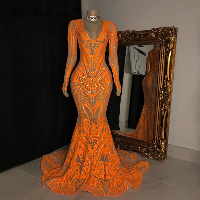 Sparkly Sequin Lace Prom Dresses Orange Black Girl Sexy V Neck Full Sleeve Mermaid Formal Evening Party Gown Vestido Custom Made