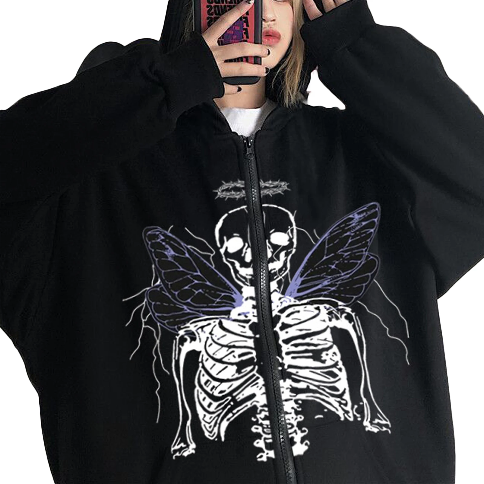 

Women Men Skeleton Y2K Full Zip Up Hoodies Long Sleeve Skull Graphic Print Sweatshirt with Pockets Y2K Streetwear