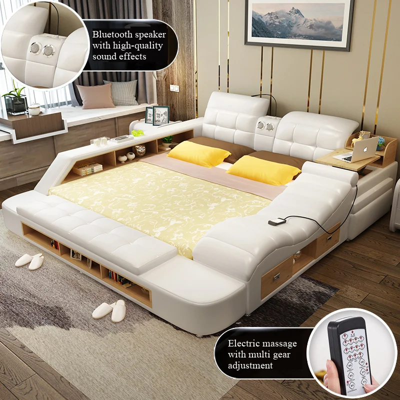 

MANBAS Luxury Modern Genuine Leather Bed Frame with Storage, USB, Side Shelves & Drawer – King Size Multifunctional Platform Bed