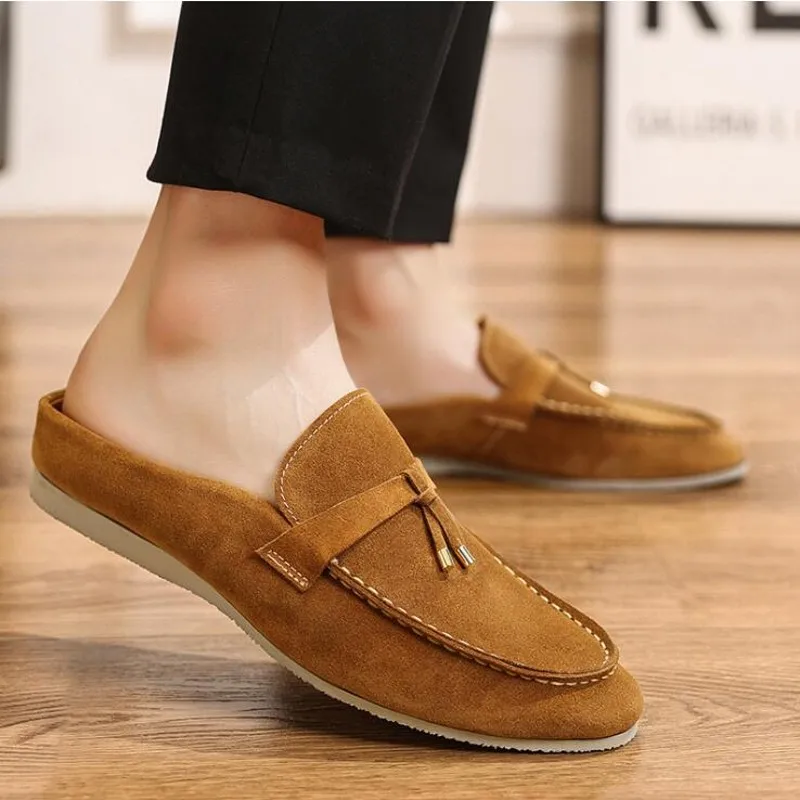 Zapatillas con punta de cubierta para hombre, zapatos informales transpirables de cuero con tacón plano, para exteriores, para caballeros