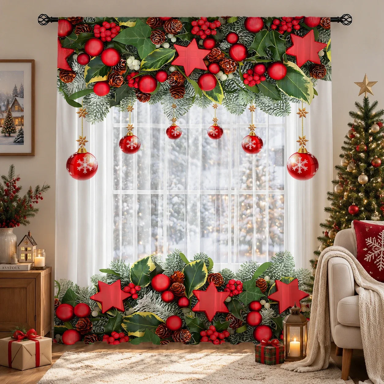 Christmas Modern Gradient Sheer Curtain, Good Quality Light Reducing Luxurious Privacy Voile For Living/Bedroom/Kids Room, Gift