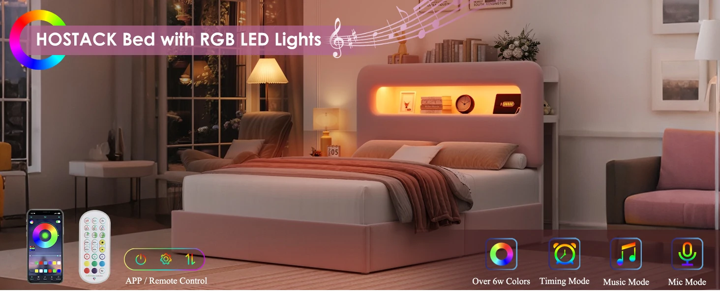 LED bed frame with storage headboard