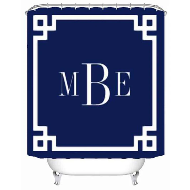 Modern Nautical Navy Blue Greek Key Monogram Shower Curtain Custom Chic Initial Bathroom Curtain Waterproof Bath Personalized