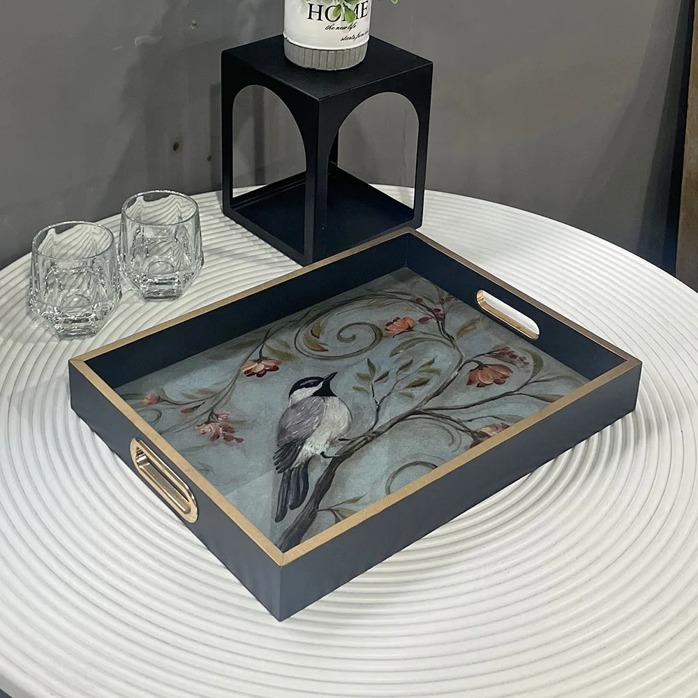 

European Retro Wood with Glass Surface Tray, Waterproof Tea Tray for Household Tableware, Living Room Snack Storage Tray