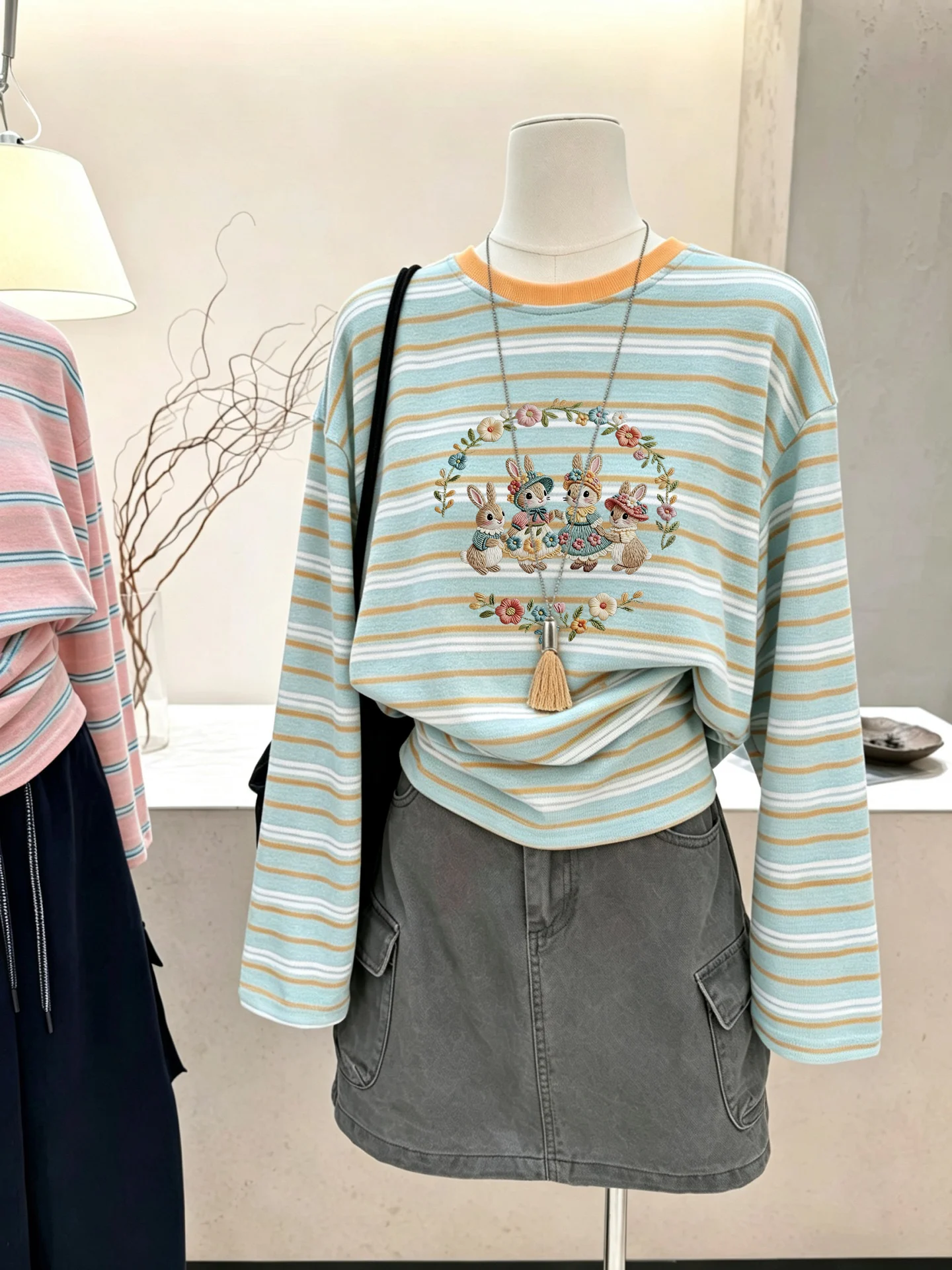 Loose Long Sleeve T-Shirt Women's Korean Style Rainbow Stripes Print Cotton Casual Top Slimming Cover up Shirt for Autumn