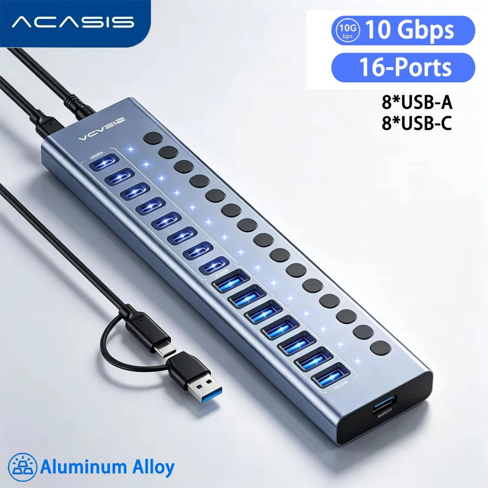 Acasis 16 Ports 10Gbps USB Hub 8 USB-A 8 USB-C HUB Individual Switch Data Transfer Splitter Expander for PC Macbook Workstation