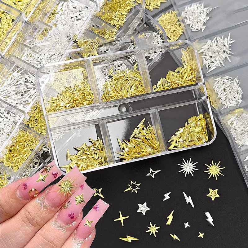 6/12Grids Metal Bow Nail Art Charm Gold Silver 3D Star/Cross Nail Rivet Starlight Nail Decoration Parts DIY Manicure Accessories
