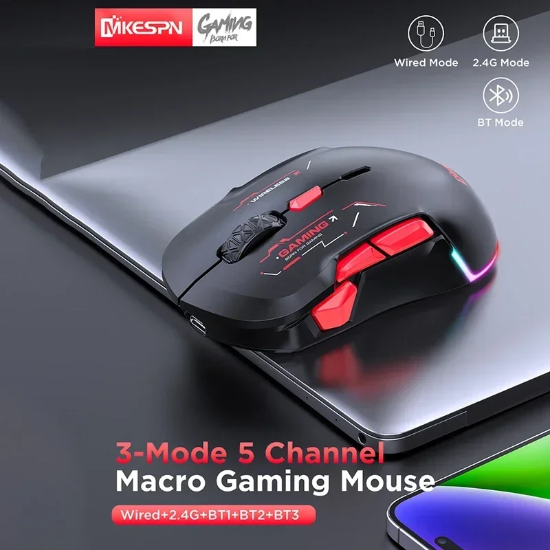 MKESPN W12 10-button Wireless Bluetooth Macro Gaming Mouse Tri-mode Multi-channel Rechargeable Macro Definition Ergonomic Mouse