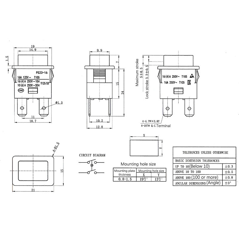 Black 16A 4 Pins Locked Push Button Electrical Rocker Switch With LED Light Red Heater Touch Switch 250V PS23-16 T105