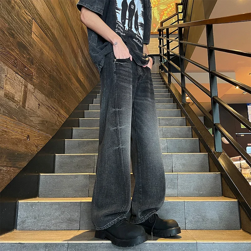 

2025 New Men's Fashion Straight Jeans Black Korean Personality Splicing Trousers Loose Casual Male Wide Denim Pants