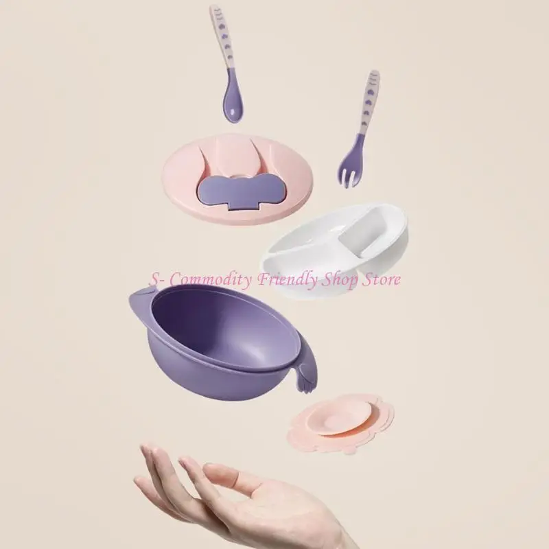 85AE Perlengkapan Menyapih Bayi Set Makan Bayi Sendok Piring Mangkuk Hisap Silikon