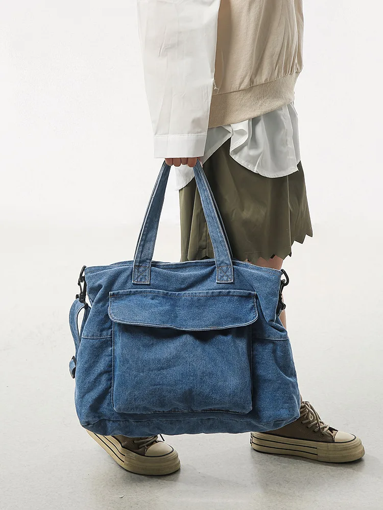 Fashion Multi Pocket Denim Tote Bag for Ladies Washed Vintage Design Large Capacity Removable Strap Casual  Handbag