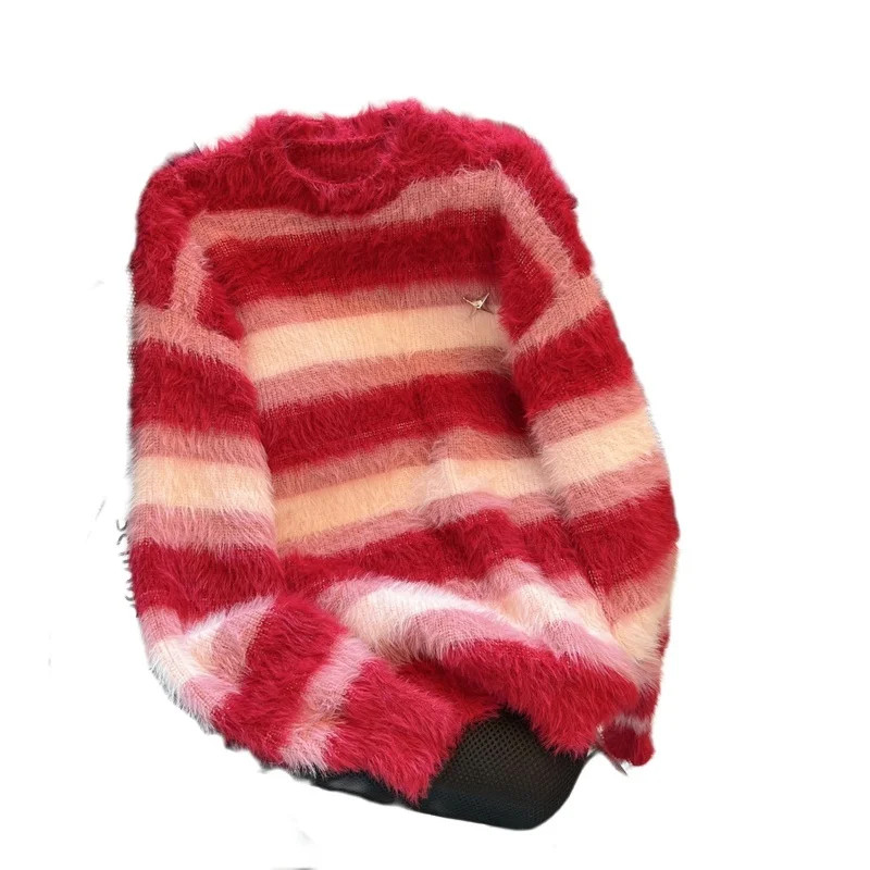 Y2k Aesthetic Red Mohair Soft Women Sweater Striped Grunge Autumn Harajuku Loose Pull Femme All Match Japanese Sueter Mujer