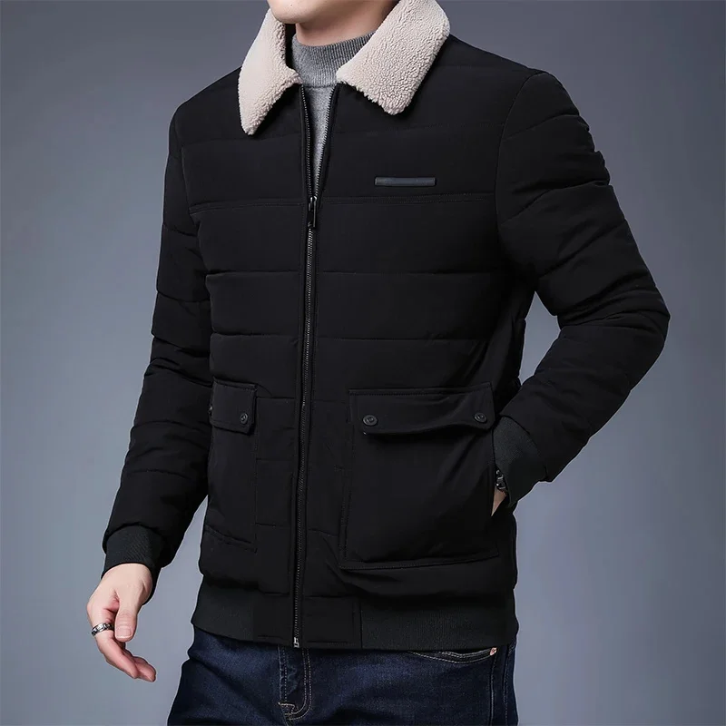 Blusão de algodão acolchoado masculino, parkas casual, casaco quente, gola de pele, casacos à prova de vento, moda exterior, outwear masculino, inverno