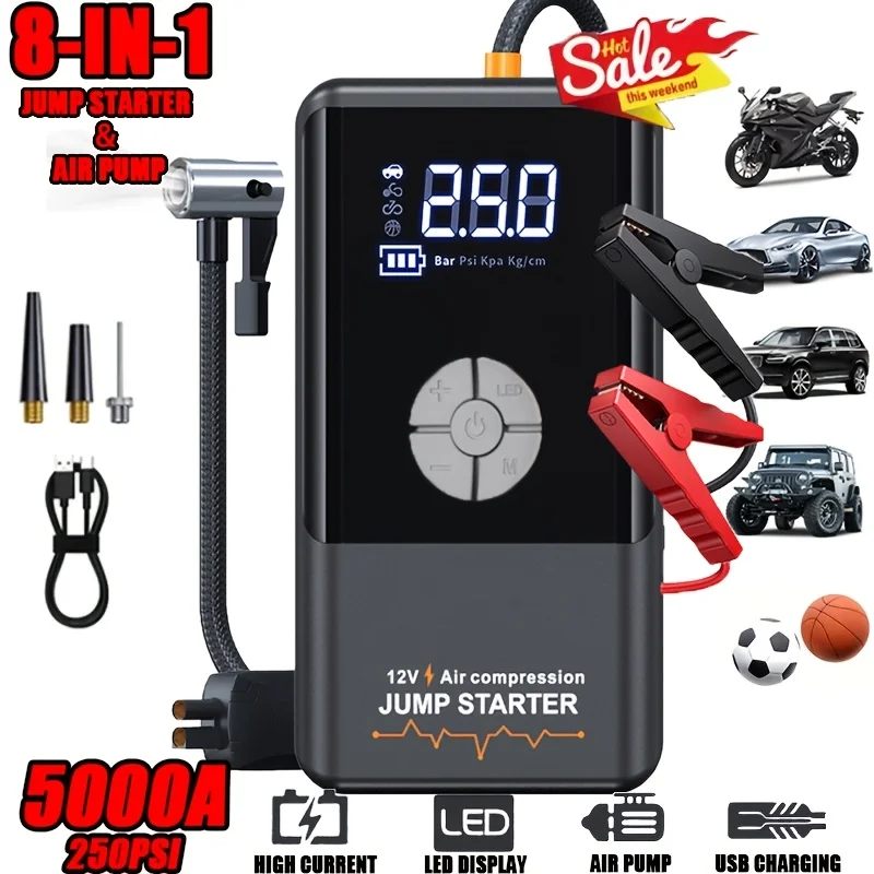 

6000A Portable Car Jump Starter, Optional 5000A/10000A Car Battery Jump Starter with 250PSI Auto-Shutoff Air Inflator (2.64gal Gas/2.25gal Diesel), 12V Battery Charger Boost, Jumper Cables, LED Light, High-Capacity Power Bank, Dead Battery Rescu