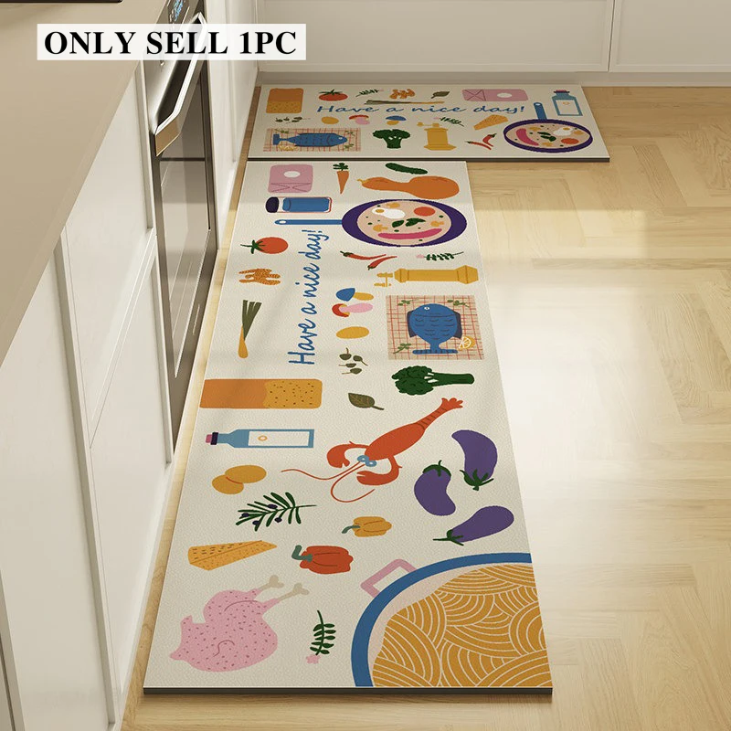 Kitchen Floor Mat Pvc Leather Waterproof Carpet Long Non-slip Oil-proof Carpets Vegetable Tableware Pattern Home Decoration Rug