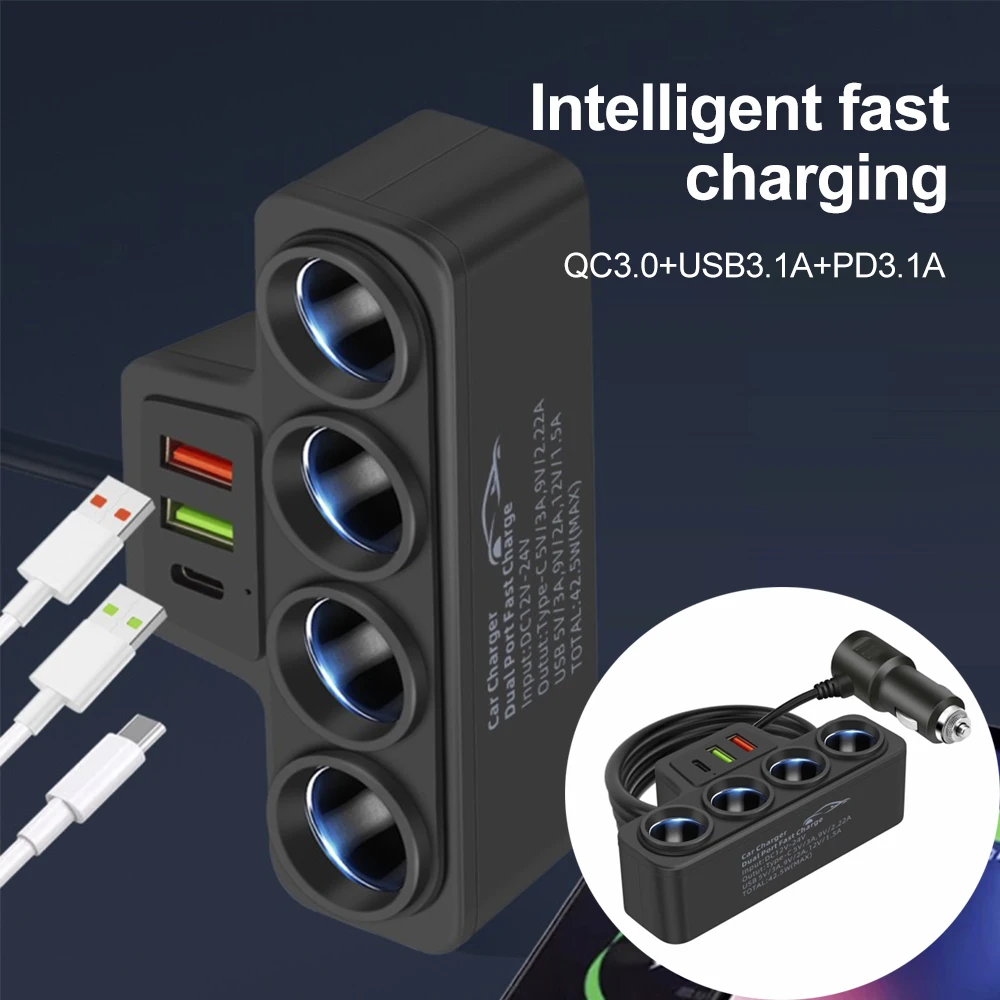 Car Cigarette Lighter Splitter Car Charger 4 Way Socket Splitter DC 12~24V Auto Power Adapter Plug Cigarette High Speed Charger