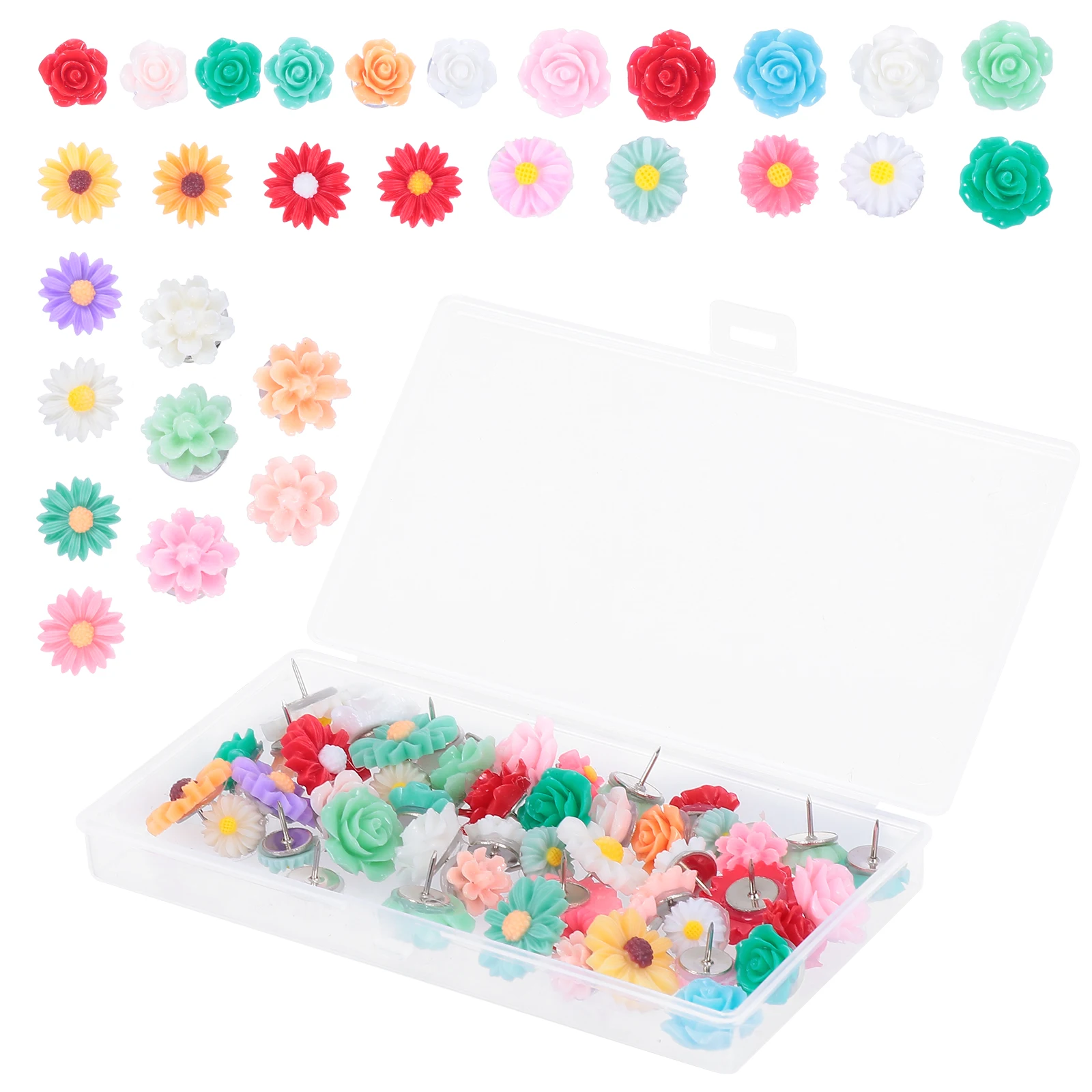 

50 Pieces Resin Flower Thumbtacks Vibrant Colors Metal Point Lightweight Decorative Patterns Office