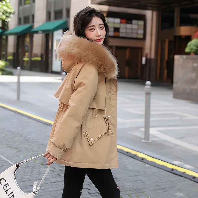 Hooded Women Parkas Coats Mid Lenth Oversize Jacket Solid Drawstring Waist Fur Collar Zipper Loose Elegant Casual 2025 Winter