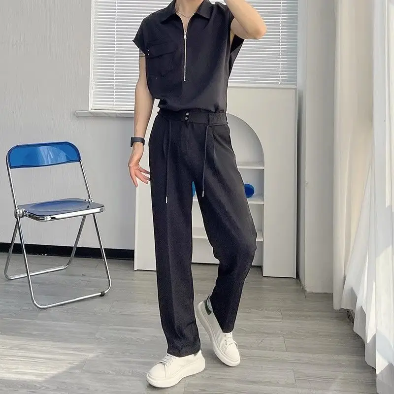 Spring Autumn Solid Color Fashion Elastic Waist Straight Pants Man High Street Zipper Button Pockets Harajuku Thin Suit Trousers