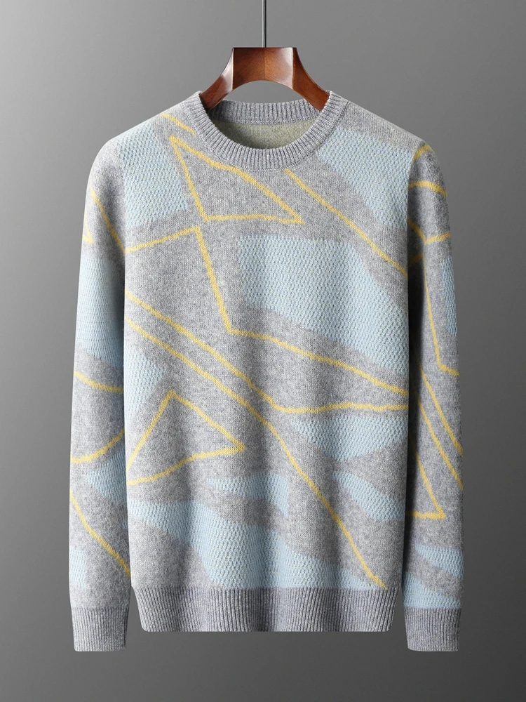 

100% Wool sweater men's loose plus size crew neck sweater color matching thickened knitted casual business bottoming top