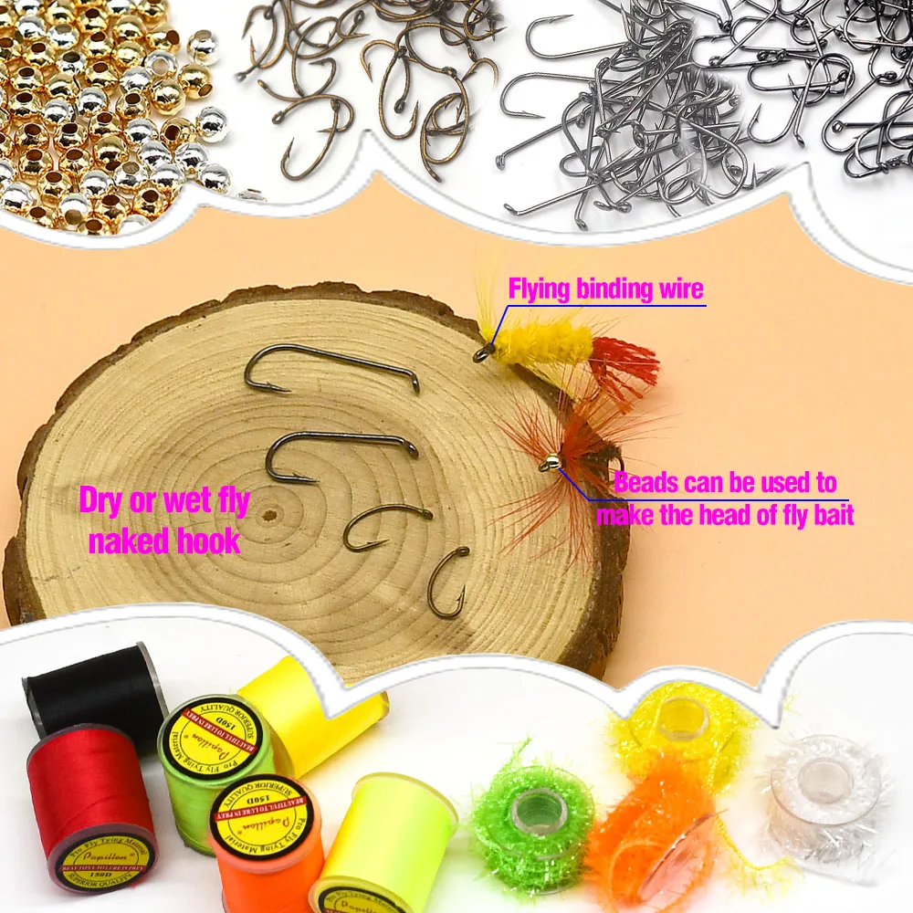 MNFT Anfänger-Set für Fliegenbindematerial, Federn, Fellfaden, Kristall, Blitzlinie, Haken, Fliegenbindematerialien, Starter-Sets