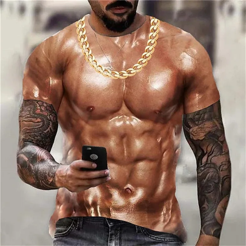 2024 New Men\'s Muscle Tattoo Graphic T-shirts 3D Printed Funny Fitness Sports Tees Tops Summer Fashion Outdoor Muscular Clothes