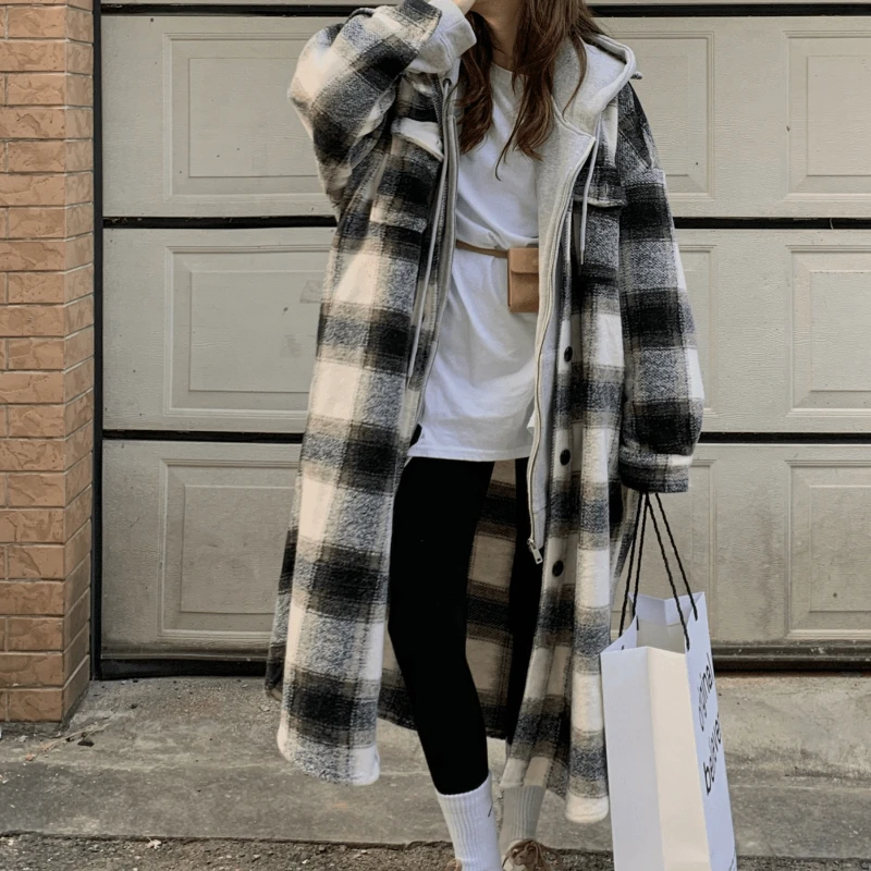 

Women Fall Winter Plaid Oversize Woolen Coat Fashion Korean Streetwear Casual Long Sleeve Overcoat Femme Warm Loose Midi Jacket